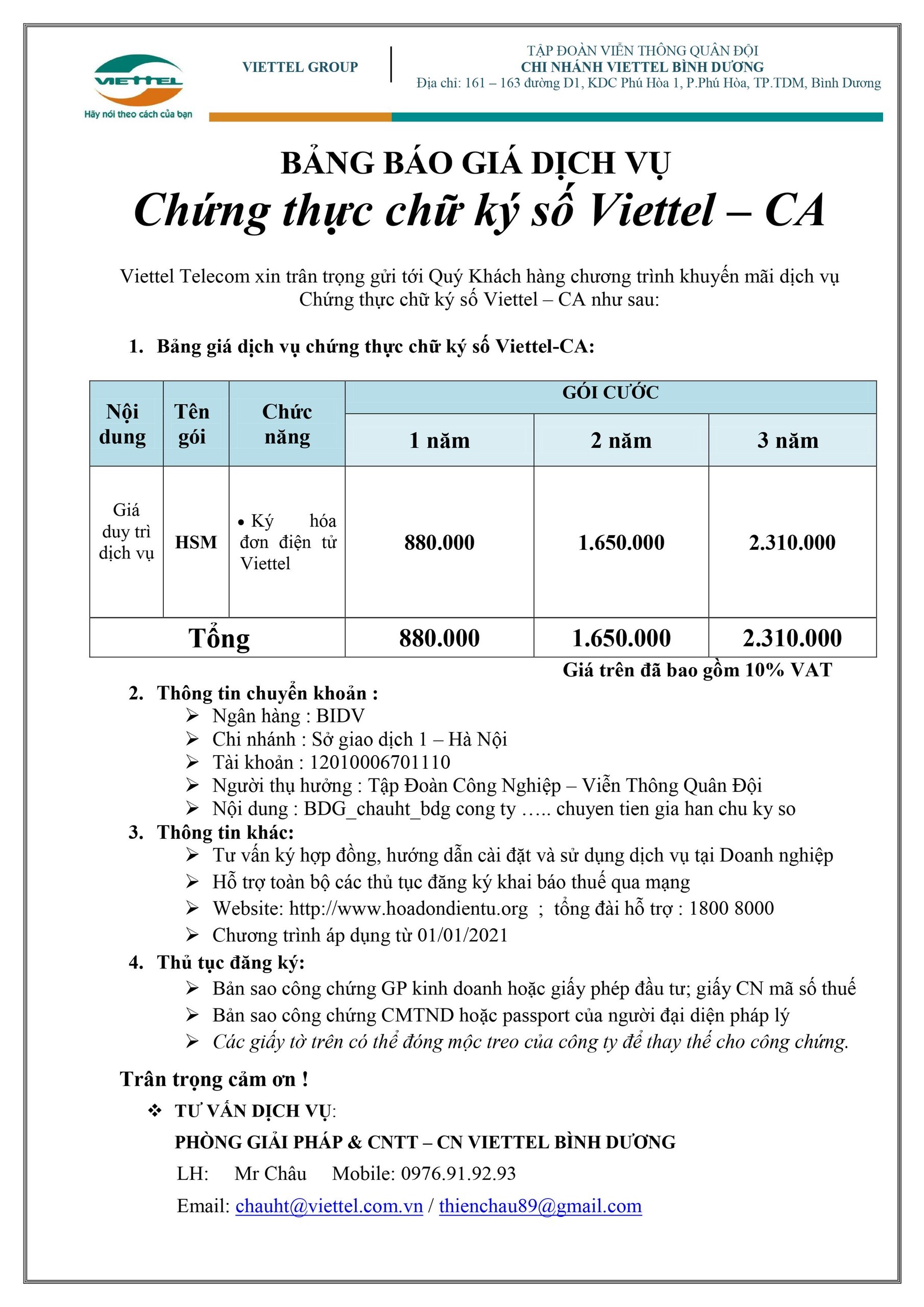 Bảng giá chữ ký số HSM ký hóa đơn điện tử Viettel Sinvoice